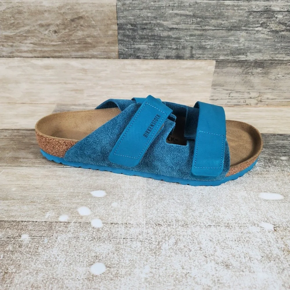 Birkenstock Uji Mens Slide Sandals Sz 10 Deep Turquoise Suede Hook & Loop Strap